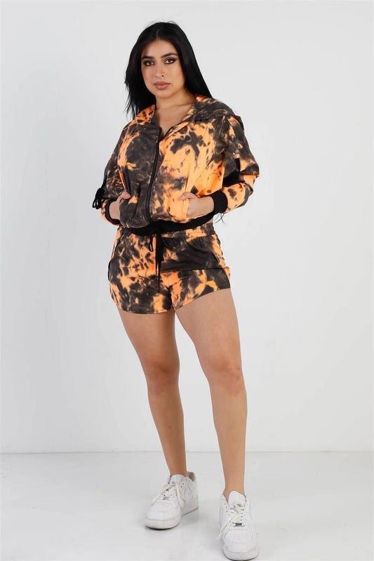 Orange & Black Tie-Dye Zip-Up Tie Sleeve Detail Hooded Crop Top & Short Set /2-2-2 - Tasha Apparel Wholesale