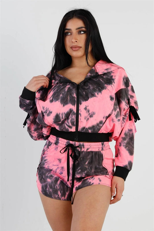 Pink & Black Tie-Dye Zip-Up Tie Sleeve Detail Hooded Crop Top & Short Set /1-1-2 - Tasha Apparel Wholesale