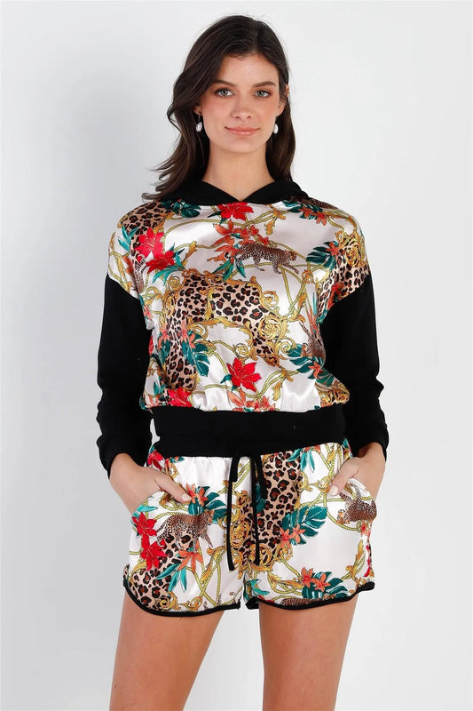 Black & Ivory Satin Effect Animal Print Hooded Top & Short Set /2-2-2 - Tasha Apparel Wholesale
