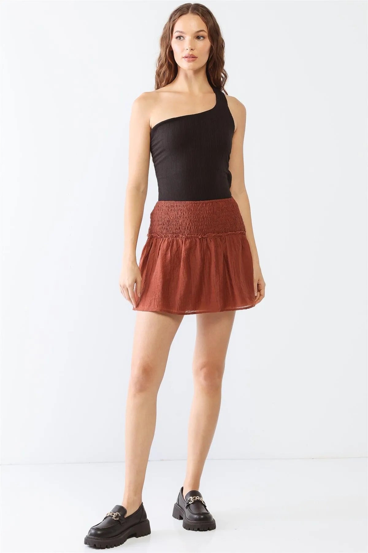 Crinkled Smocked Ruffle High Waist Mini Skirt - Tasha Apparel Wholesale