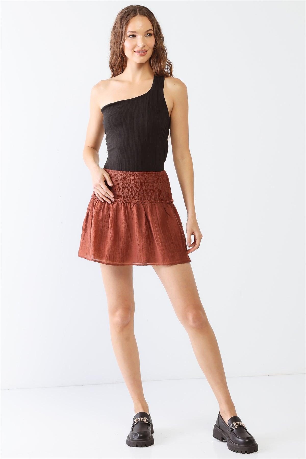 Brown Crinkled Smocked Ruffle High Waist Mini Skirt /3-2-1