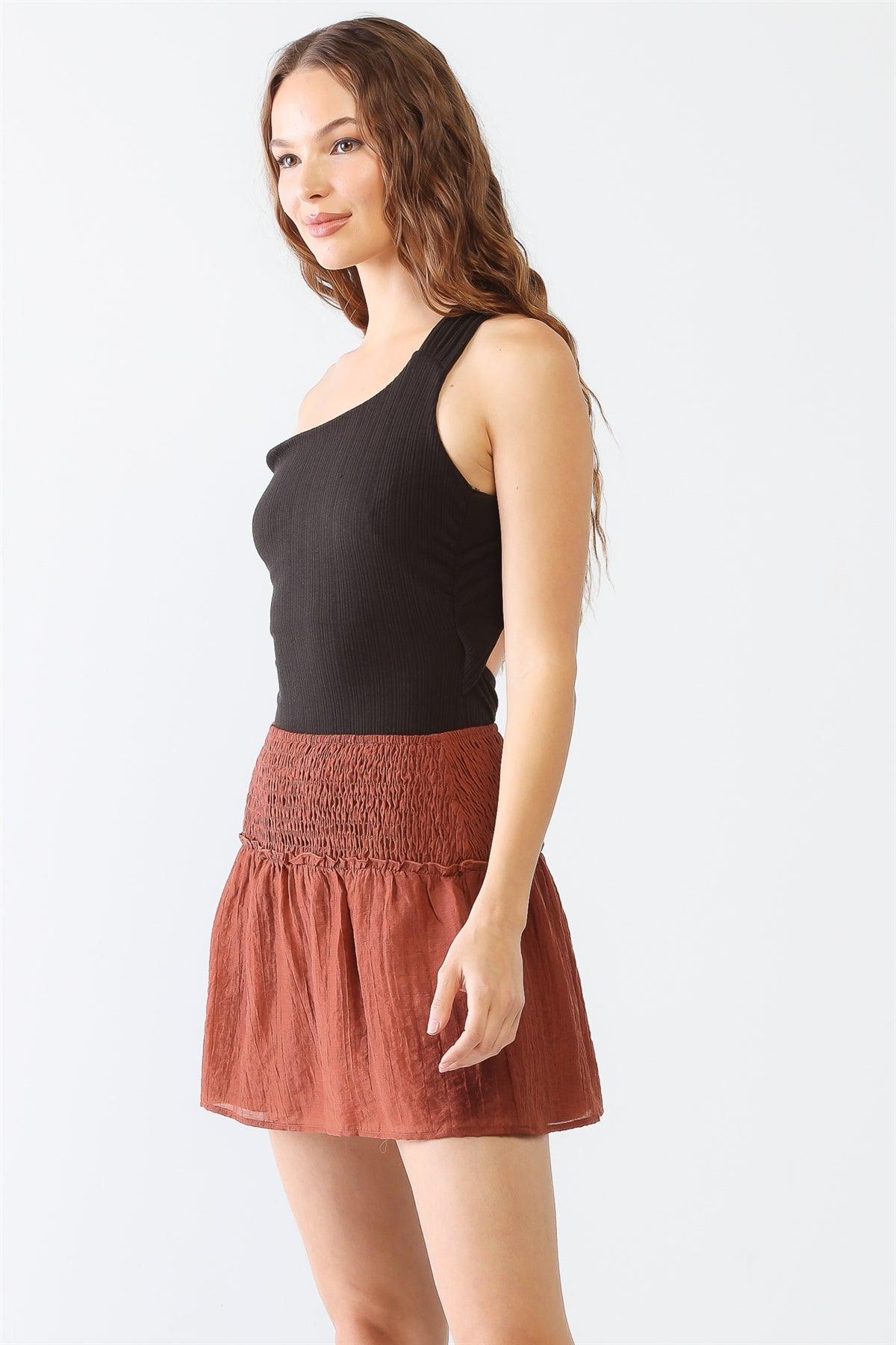 Brown Crinkled Smocked Ruffle High Waist Mini Skirt /3-2-1