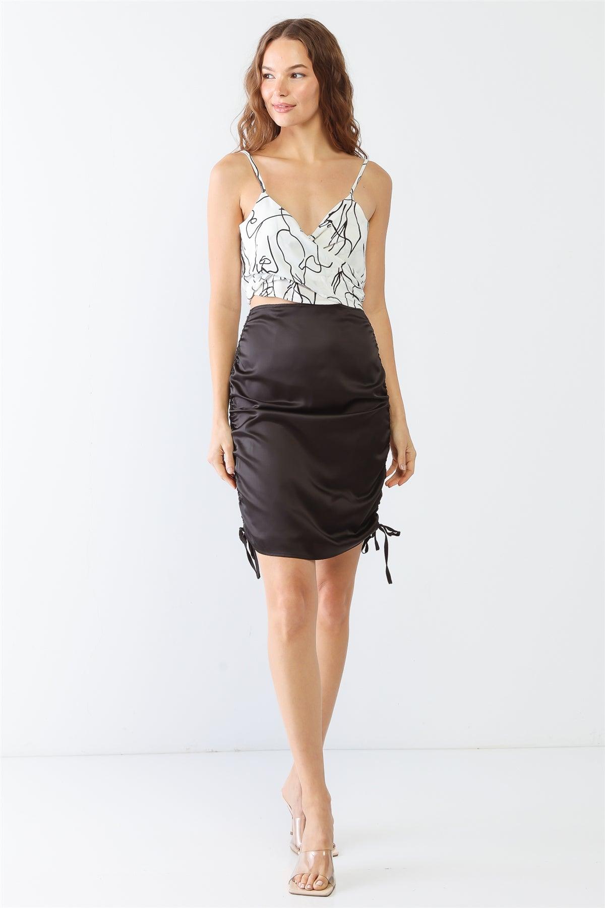 Black Satin Ruched High Waist Mini Skirt /1-2-2-1