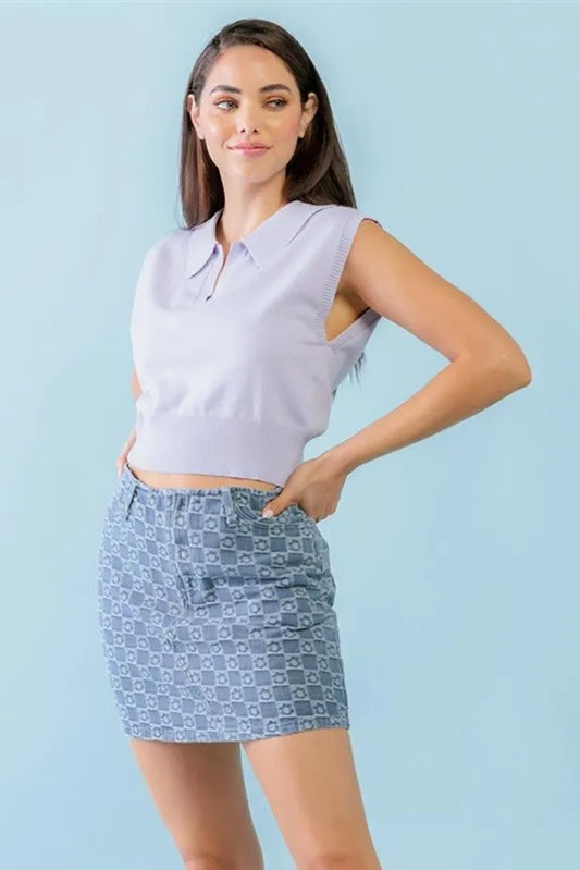 Light Denim Chess Cage & Flower Print Cotton Four Pocket High Waist Mini Skirt /3-2-1 - Tasha Apparel Wholesale