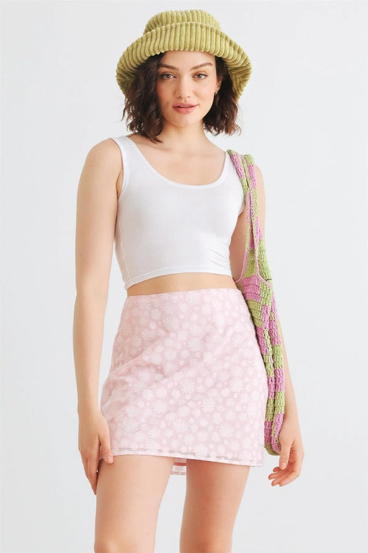 Pink Floral Cotton Blend High Waist Mini Skirt - Tasha Apparel Wholesale