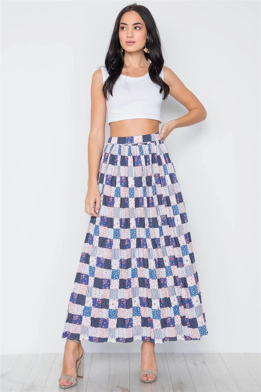 Boho Blue Flower Plaid Mix Print Pleated Maxi Skirt / 3-2-1 - Tasha Apparel Wholesale