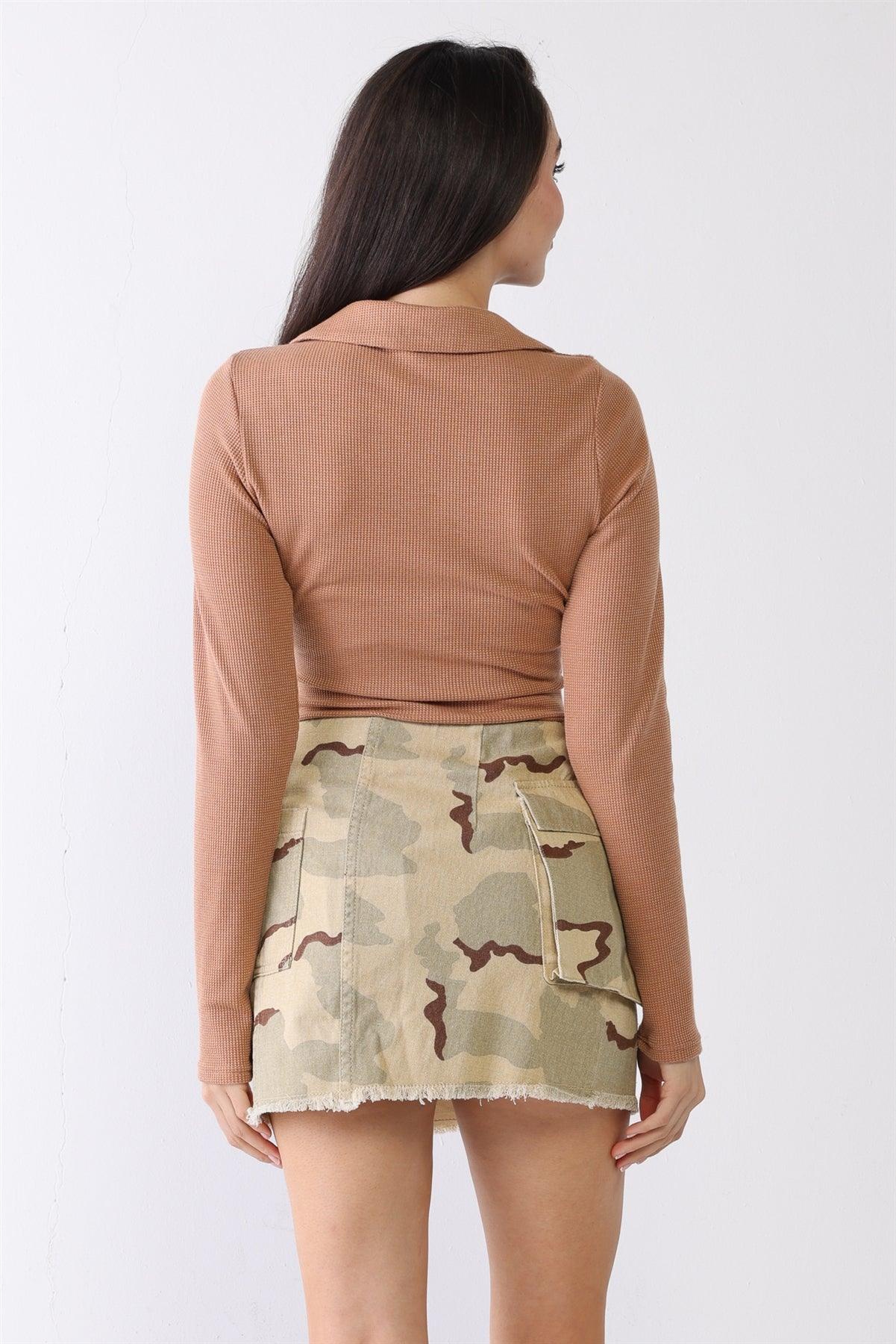 Khaki Cotton High Waist Two Pocket Trim Hem Mini Skirt /1-2-2-1