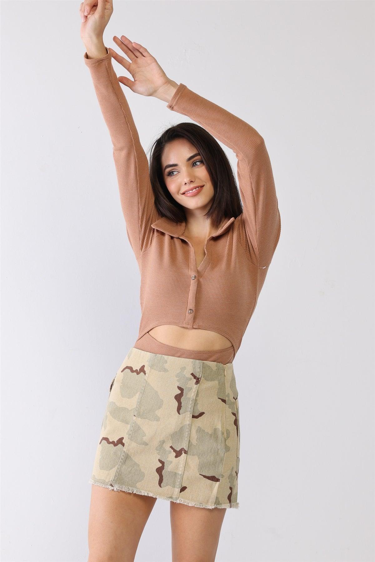 Khaki Cotton High Waist Two Pocket Trim Hem Mini Skirt /1-2-2-1