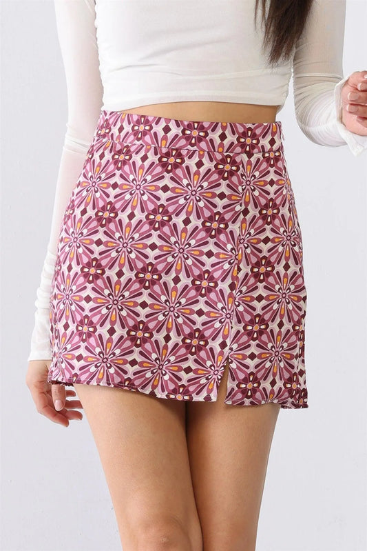 Purple Multi Floral Print Satin High Waist Mini Skirt /1-2-2-1 - Tasha Apparel Wholesale
