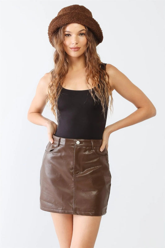Faux Leather Flower Print Front & Back Pockets Mini Skirt - Tasha Apparel Wholesale