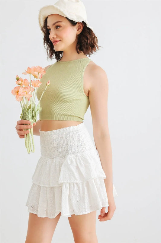 White Floral Cotton Smocked Tiered Mini Skirt /1-2-2-1 - Tasha Apparel Wholesale