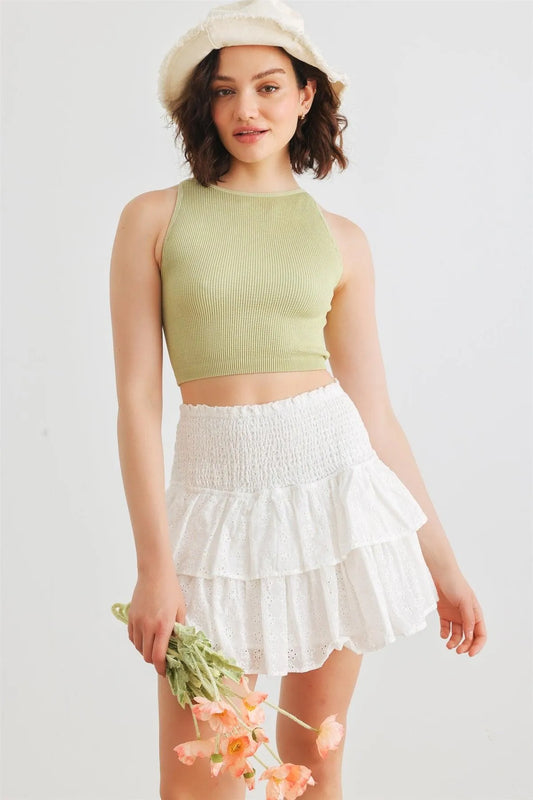 White Floral Cotton Smocked Tiered Mini Skirt /1-3-2-1 - Tasha Apparel Wholesale