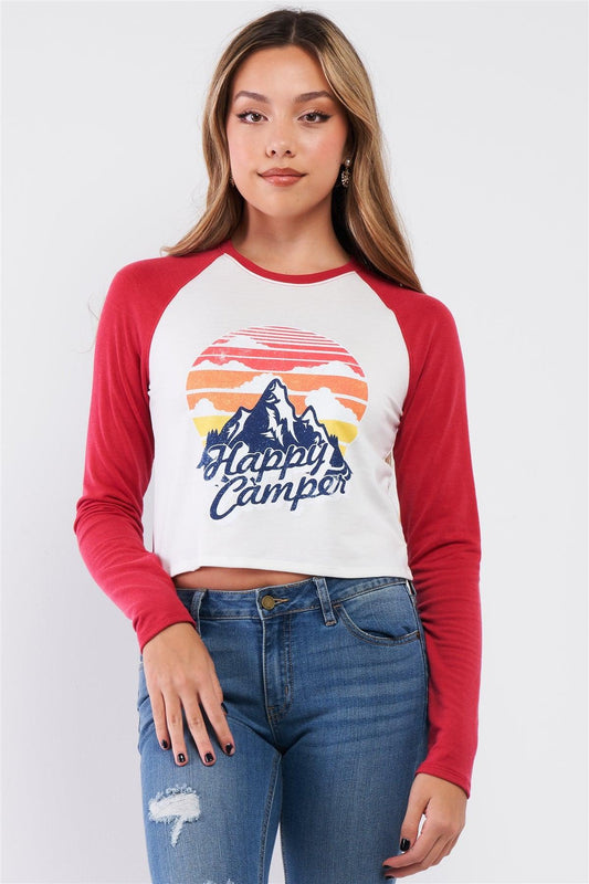Red & Ivory "Happy Camper" Printed Logo Long Sleeve Crew Neck Baseball Crop Top /2-1-2 - Tasha Apparel Wholesale
