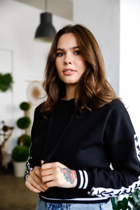 Black Contrast Lace Up Sleeve Detail Striped Cuff & Hem Hooded Sweatshirt /2-1 - Tasha Apparel Wholesale