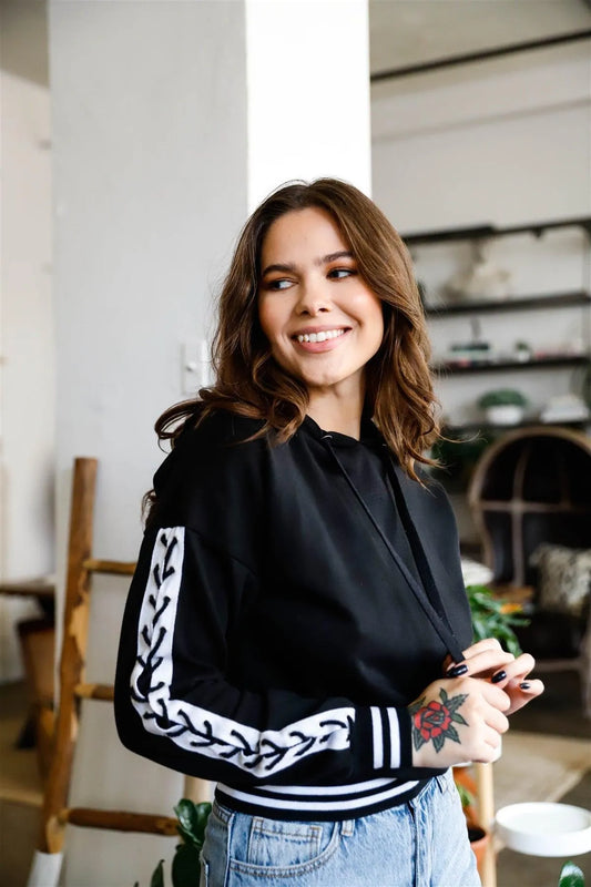 Black Contrast Lace Up Sleeve Detail Striped Cuff & Hem Hooded Sweatshirt /2-2-2 - Tasha Apparel Wholesale