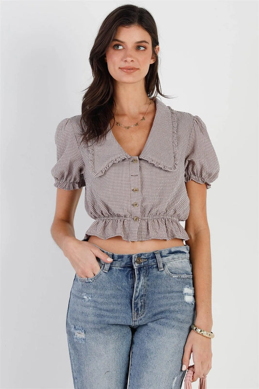 Ivory Brown Plaid Textured Button Up Detail Collared Short Puff Sleeve Crop Top /3-2-1 - Tasha Apparel Wholesale