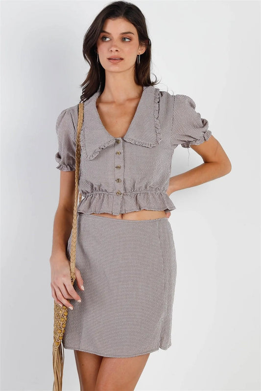 Plaid Textured Collared Puff Sleeve Top & Mini Skirt Set - Tasha Apparel Wholesale