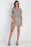 Ivory Brown Plaid Textured Button Up Detail Collared Short Puff Sleeve Crop Top & Mini Skirt Set /3-2-1