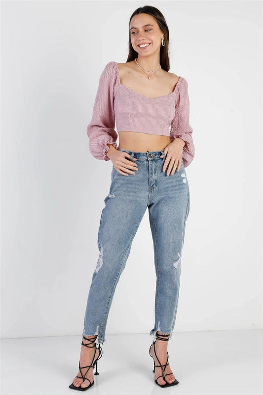 Ivory & Mauve Plaid Back Lace Down Detail Balloon Sleeve Crop Top /3-2-1 - Tasha Apparel Wholesale