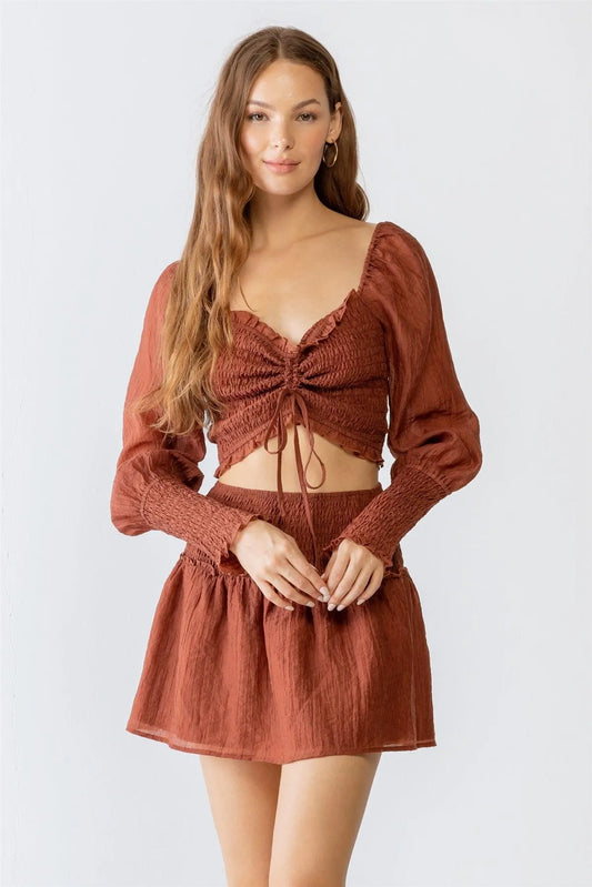 Brown Ruched Puff Balloon Ruffle Crop Top & Skirt Set - Tasha Apparel Wholesale