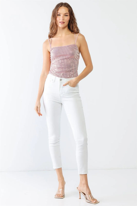 Pink Sequin Sleeveless Strappy Back Lace Down Bodysuit /3-2-1 - Tasha Apparel Wholesale
