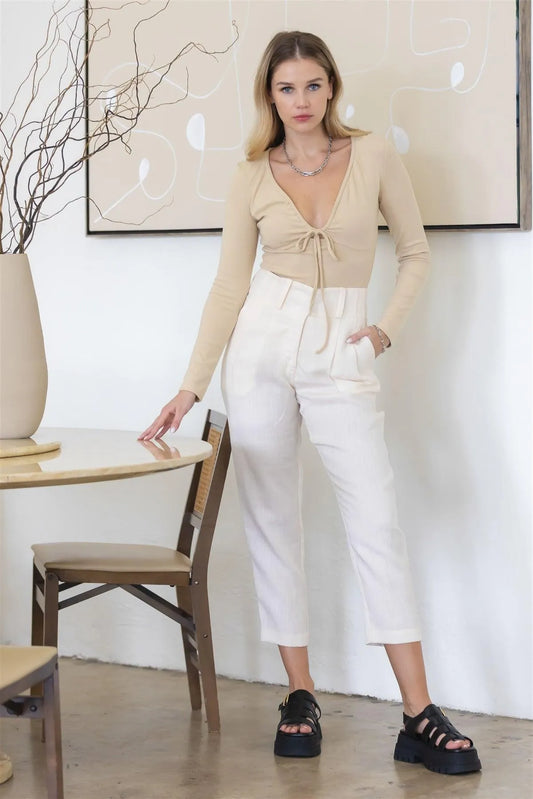Beige Self-Tie V-Neck Long Sleeve Bodysuit /2-2-1 - Tasha Apparel Wholesale