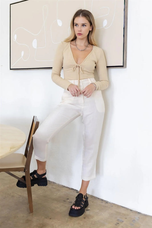 Beige Tie Scoop-Neck Long Sleeve Bodysuit - Tasha Apparel Wholesale