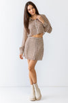 Taupe & Brown Plaid Print Collared Button-Up Crop Top & High Waist Mini Skirt Set /3-2-1