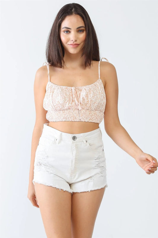 White & Orange Floral Print Sleeveless Strappy Crop Top /2-2-1 - Tasha Apparel Wholesale