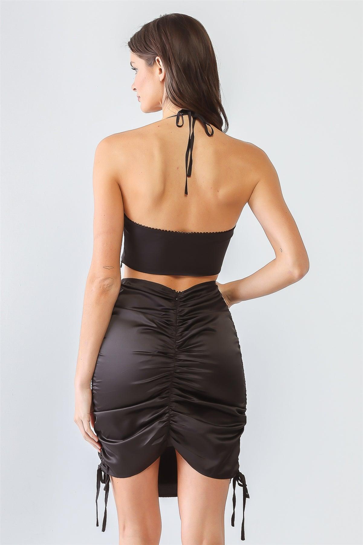 Black & Brown Satin Bustier Ruffle Strappy Crop Top & High Waist Ruched Mini Skirt Set /1-2-2-1