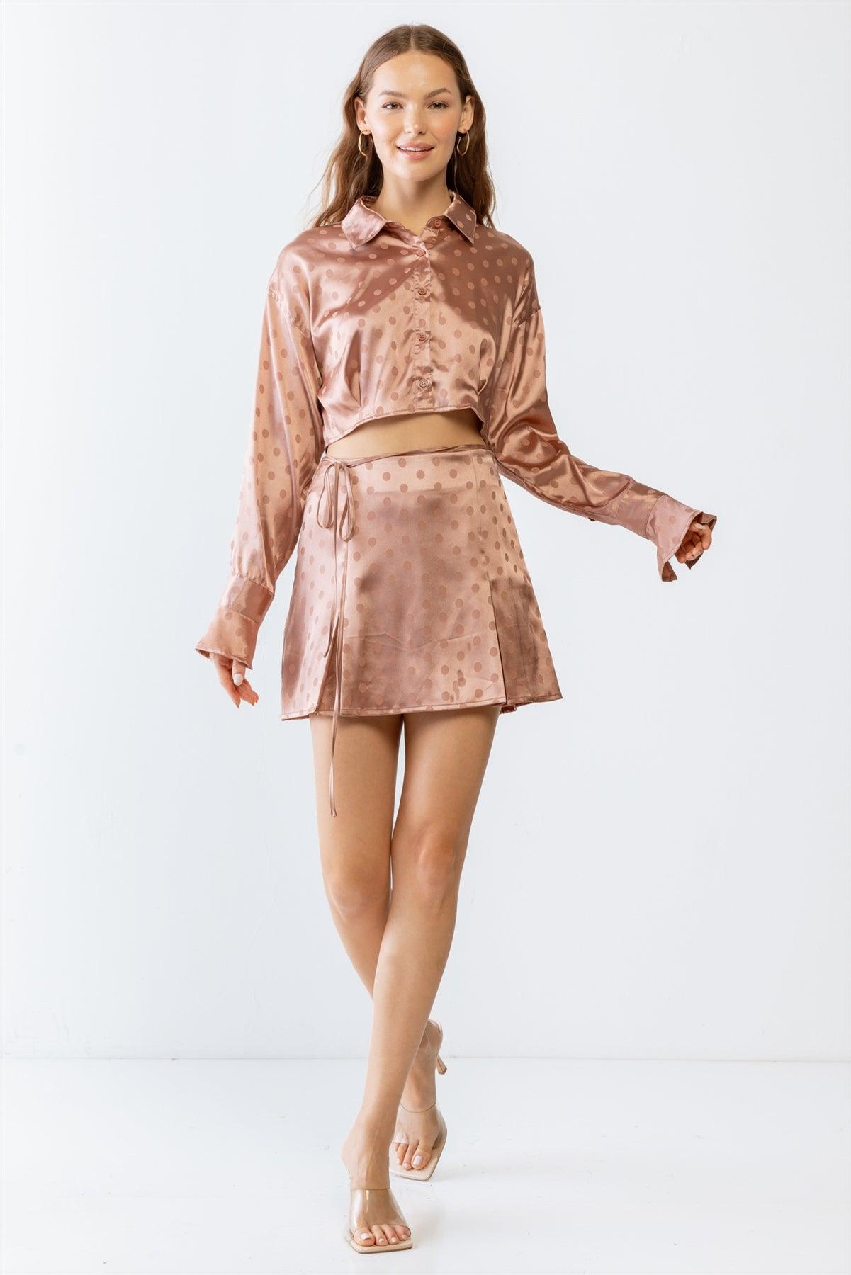 Blush Polka Satin Effect Collared Button Crop Top & High Waist Mini Skirt Set /1-2-2-1