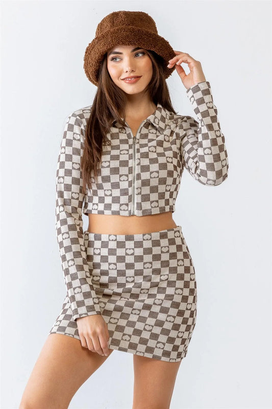 Cream & Brown Plaid & Heart Print Zip-Up Collared Crop Top & High Waist Mini Skirt Set /1-2-2-1 - Tasha Apparel Wholesale