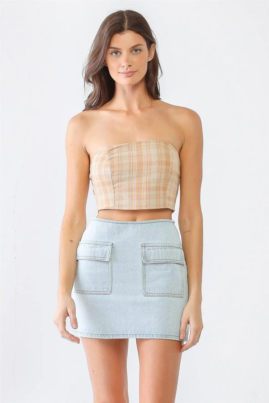 Mustard Plaid Strapless Smocked Tube Crop Top - Tasha Apparel Wholesale