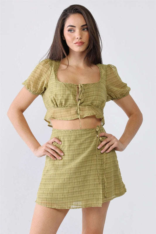 Light Green Gingham Organza Self-Tie Neck Crop Top & High Waist Wrap Mini Skirt Set - Tasha Apparel Wholesale