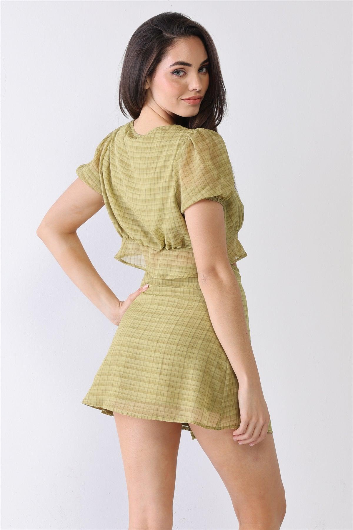Light Green Gingham Organza Self-Tie Neck Crop Top & High Waist Wrap Mini Skirt Set /1-2-2-1