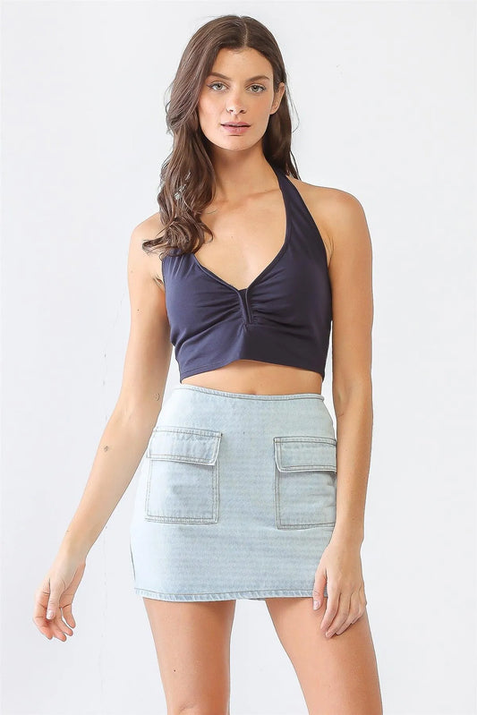 Navy Cotton Ruched V-Neck Sleeveless Crop Top /3-2-1 - Tasha Apparel Wholesale