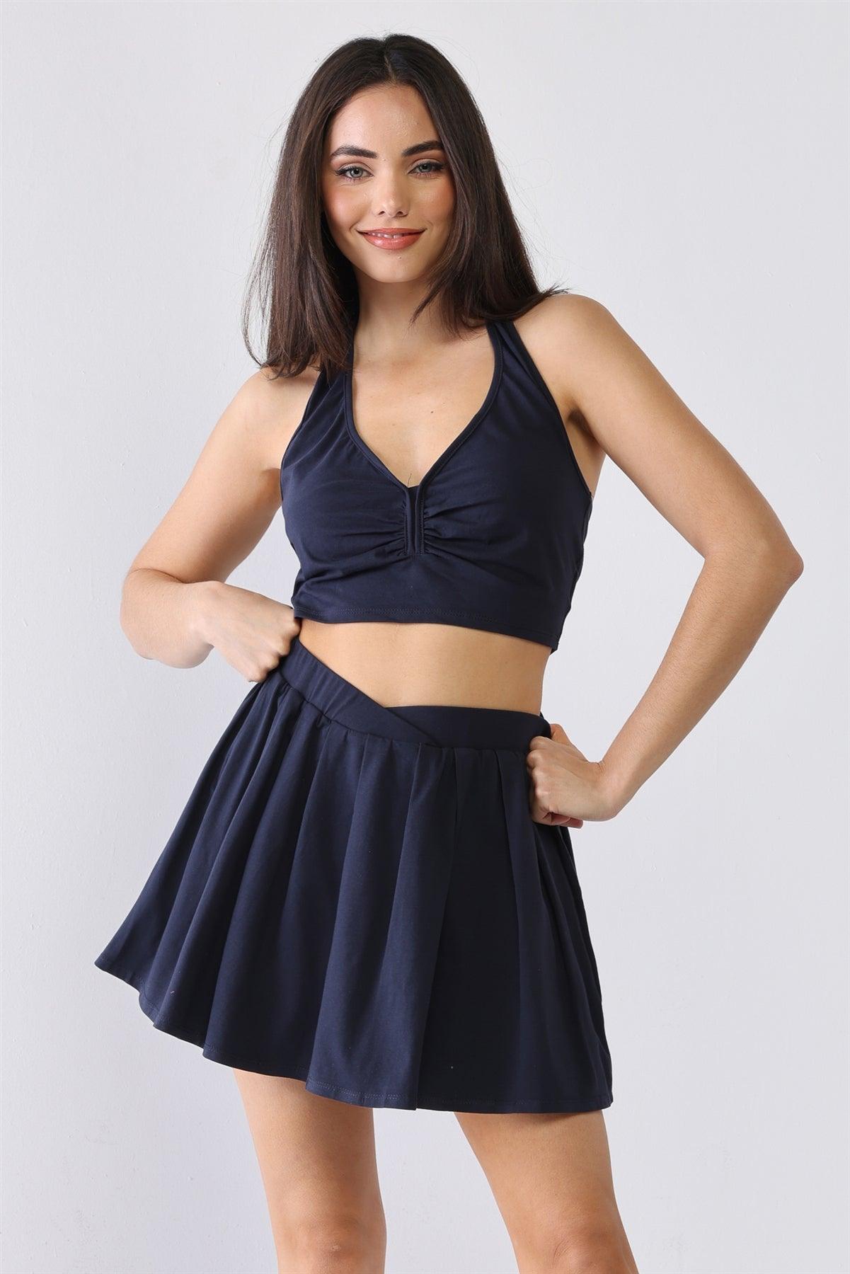 Navy Cotton Ruched V-Neck Sleeveless Crop Top & High Waist Mini Skirt Set /3-2-1
