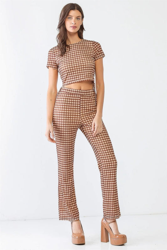 Tan & Brown Gingham Mesh Ruched Crop Top & High Waist Pants Set - Tasha Apparel Wholesale