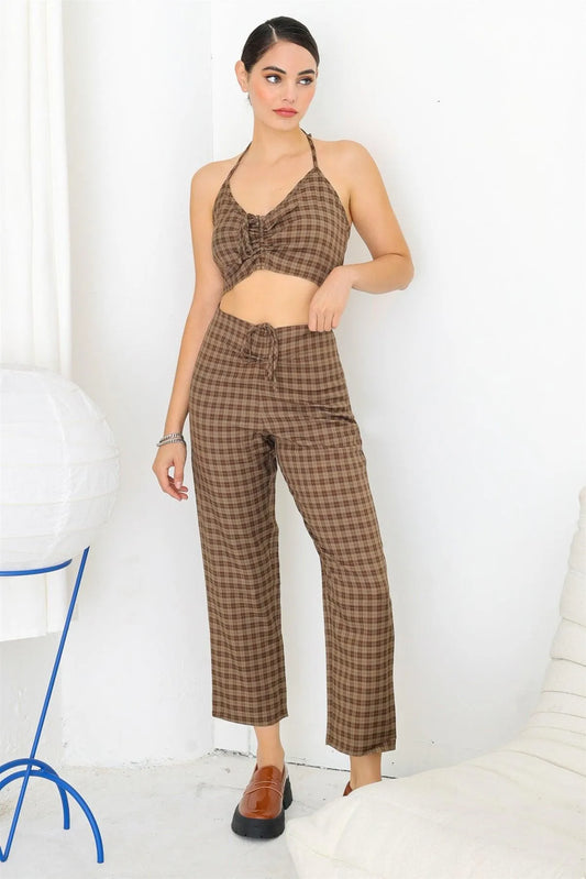 Brown Check Ruched Strappy Crop Top & High Waist Ruched Wide Leg Pants Set /1-2-2-1 - Tasha Apparel Wholesale