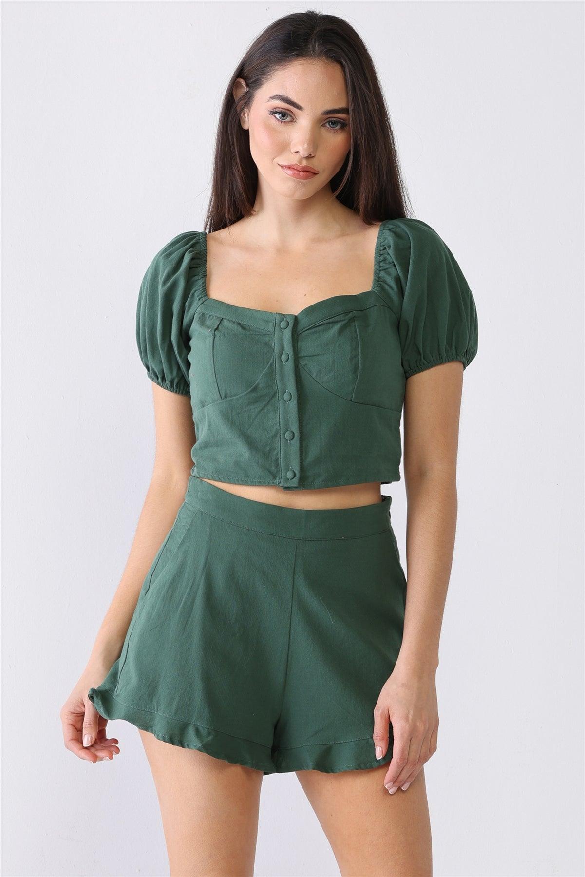 Green Cotton Button-Up Short Sleeve Crop Top & High Waist Two Pocket Shorts Set /3-2-1