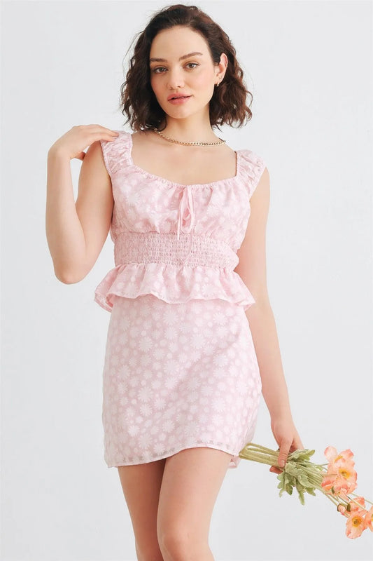 Pink Floral Smocked Sleeveless Crop Top & High Waist Mini Skirt Set - Tasha Apparel Wholesale
