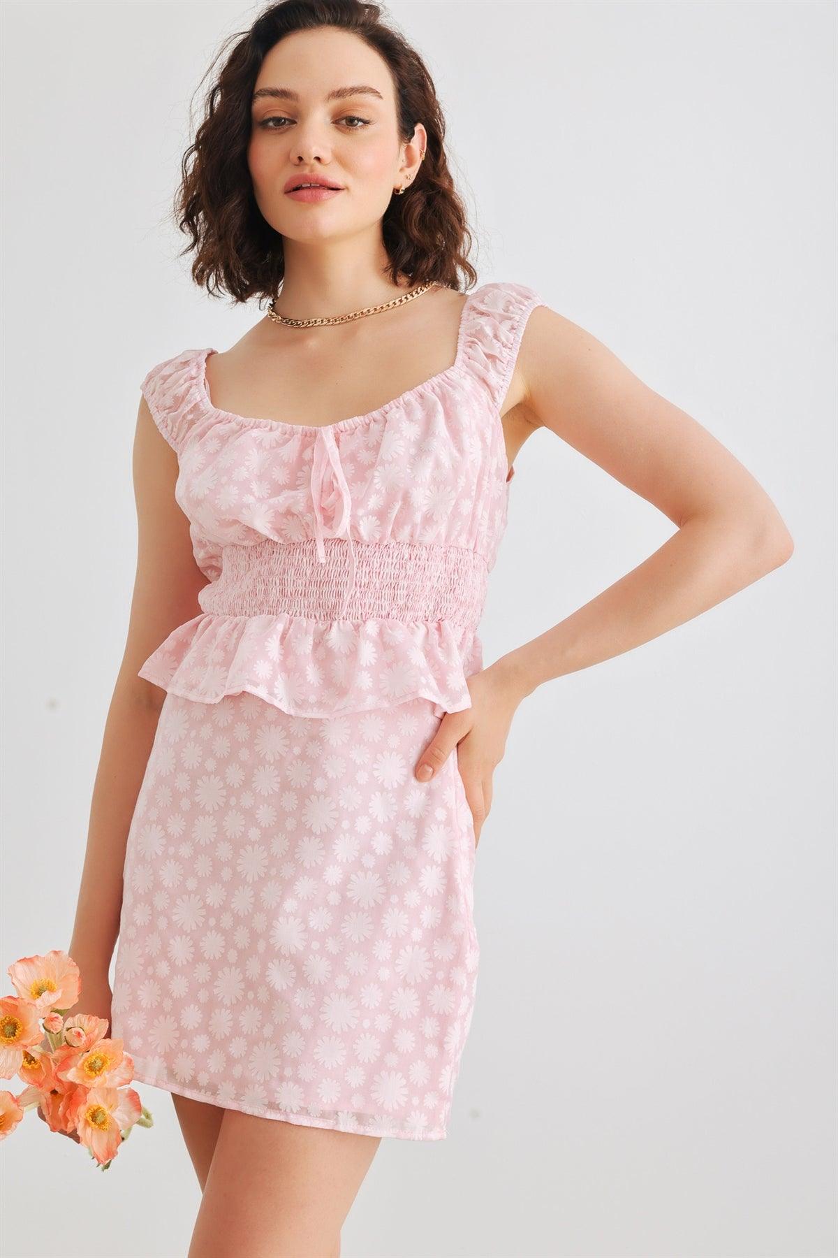 Pink Floral Smocked Sleeveless Crop Top & High Waist Mini Skirt Set /1-2-2-1