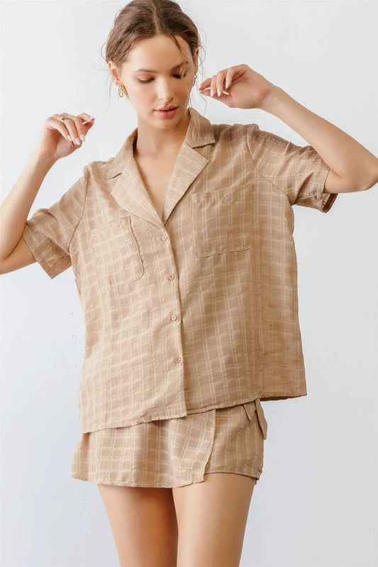 Khaki Plaid Button-Up Two Pocket Shirt Style Top & High Waist Tie Skort Set /1-2-2-1 - Tasha Apparel Wholesale