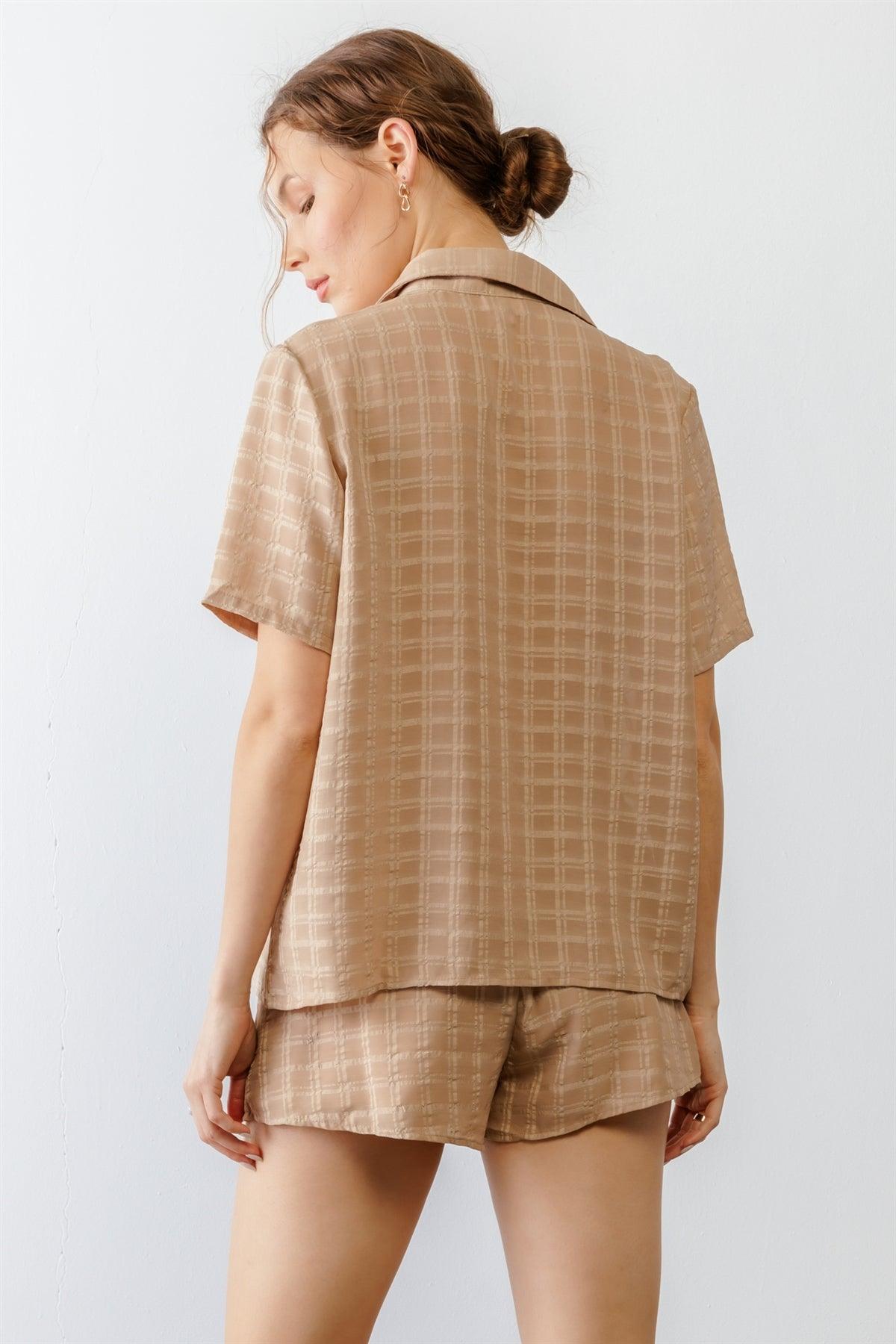 Khaki Plaid Button-Up Two Pocket Shirt Style Top & High Waist Tie Skort Set /1-2-2-1