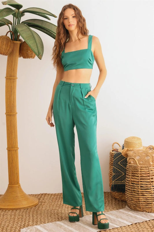 Dark Green Satin Sleeveless Crop Top & High Waist Wide Leg Pants Set /1-2-2-1 - Tasha Apparel Wholesale