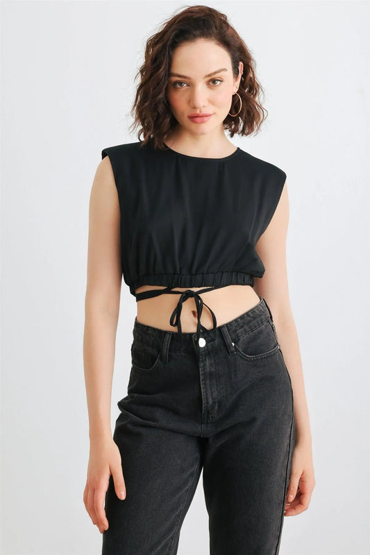 Black Sleeveless Crew Neck Drawstring Hem Crop Top /1-2-2-1 - Tasha Apparel Wholesale