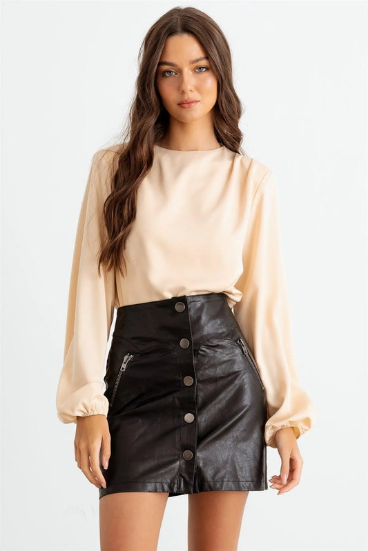 Cream Crew Neck Long Sleeve Cut-Out Back Bodysuit /1-2-2-1 - Tasha Apparel Wholesale