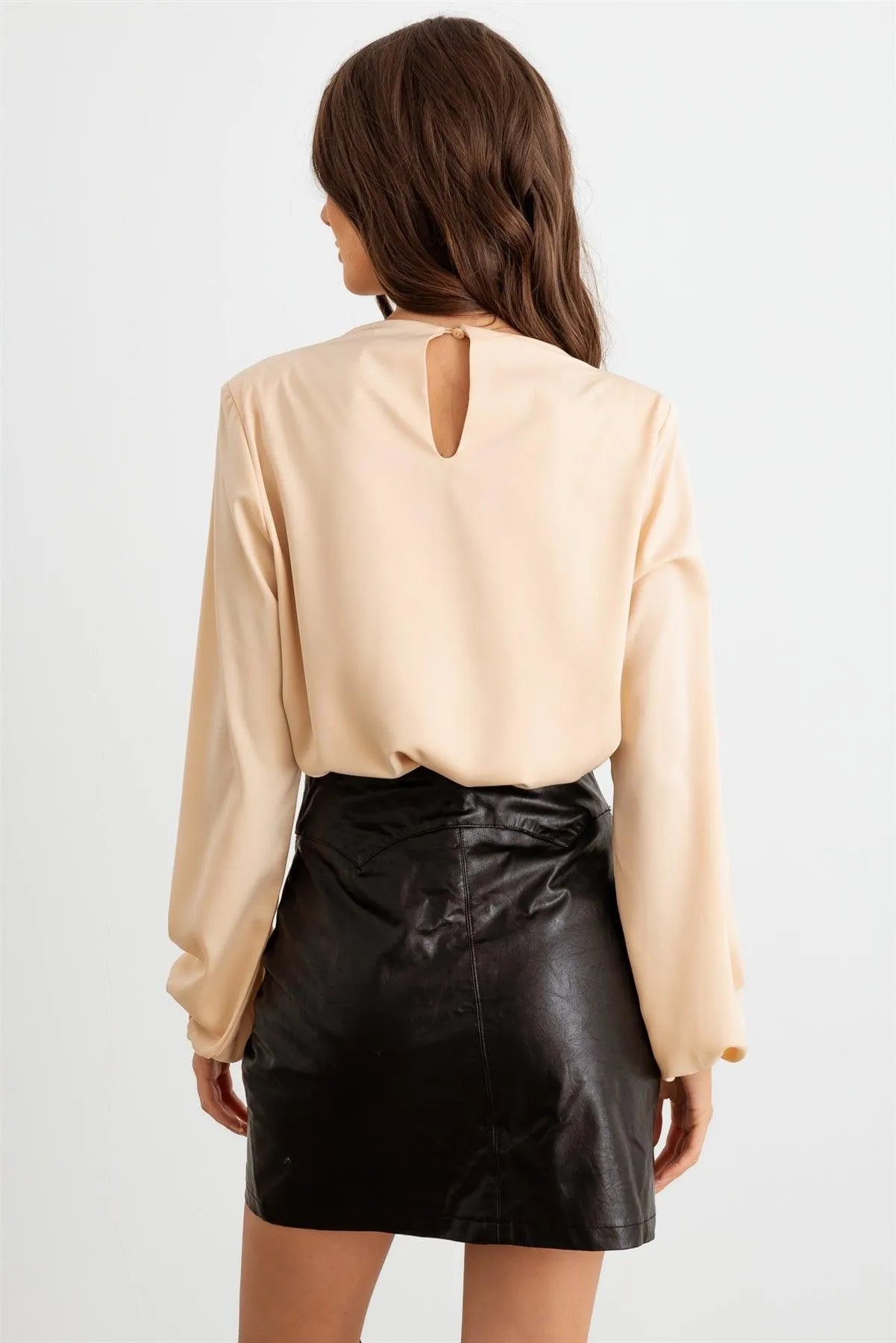 Cream Crew Neck Long Sleeve Cut-Out Back Bodysuit /1-2-2-1 - Tasha Apparel Wholesale