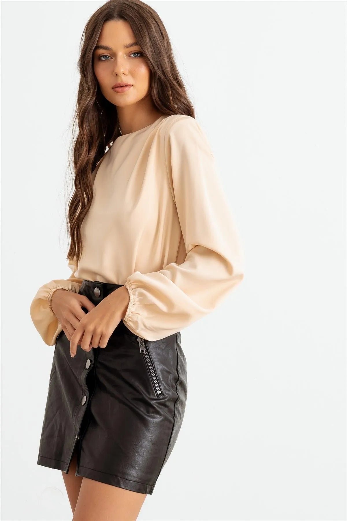 Cream Crew Neck Long Sleeve Cut-Out Back Bodysuit /1-2-2-1 - Tasha Apparel Wholesale