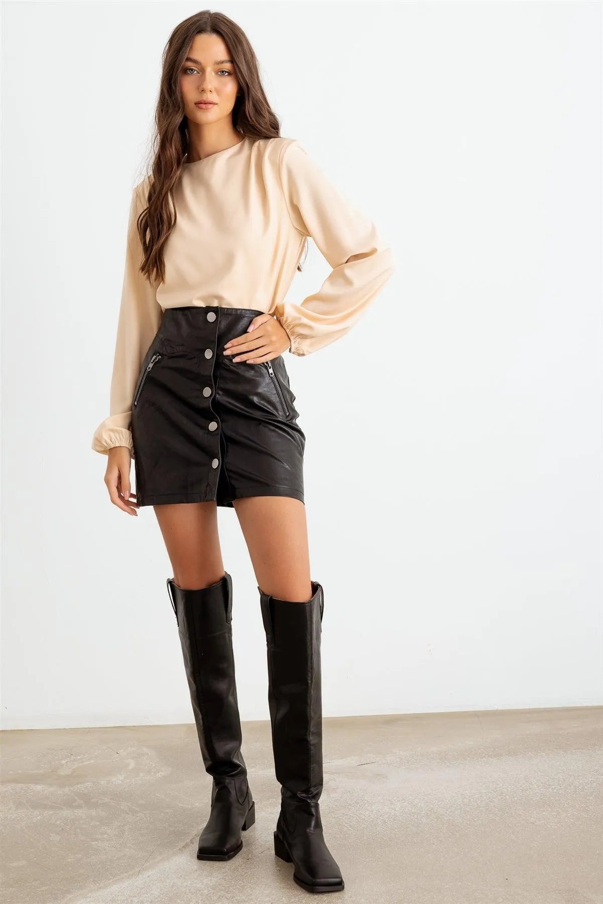 Cream Crew Neck Long Sleeve Cut-Out Back Bodysuit /1-2-2-1 - Tasha Apparel Wholesale